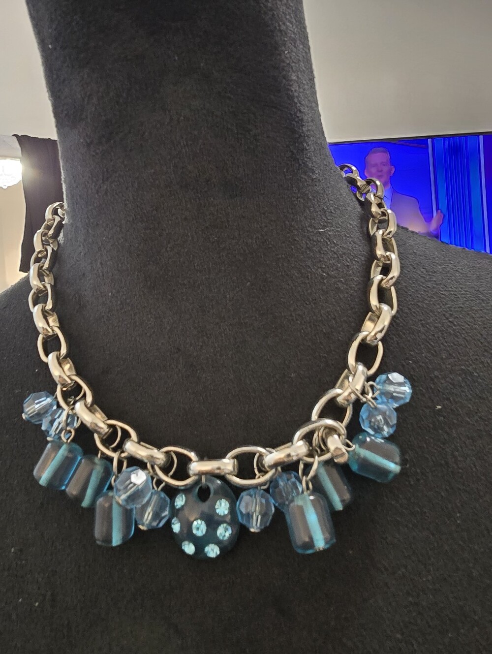 Vintage Blue Crystal Charm Statement Necklace